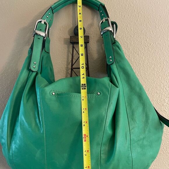 B. Makowsky Green Gorgeous Leather Leppard Print Silver Metal Studs Hobo Bag - Picture 12 of 16